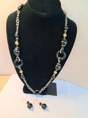Unique Vintage Black / Gold / Silver Tone Necklace Matching Handmade Earring Set